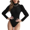 Black Turtleneck Bodysuit With Puff Sleeve