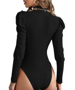 Black Turtleneck Bodysuit With Puff Sleeve